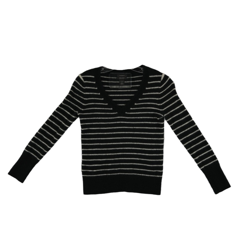 Halogen 100% Cashmere V-Neck Sweater Women's Size Small Black Gray Striped - Picture 2 of 5